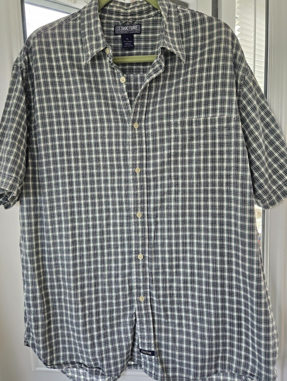 VTG Structure brand men's short-sleeve plaid button-up shirt XL Blue Green White